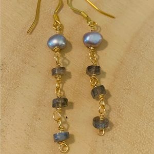 Handmade Pearl and Labradorite Dangle Earrings.  2 1/2” drop